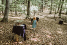 Kind läuft im Wald zu Insektenkästen